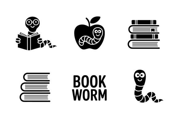 Cute Bookworm Reading Icon Set EPS