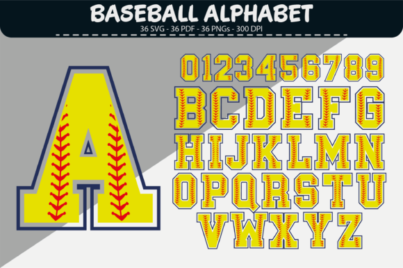 Yellow Baseball Alphabet – 36 Designs